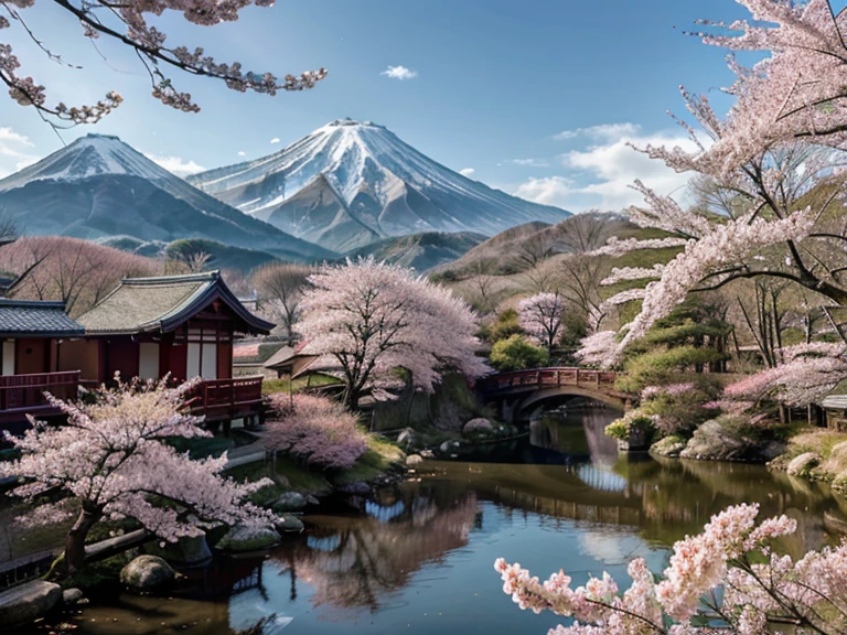 Japan nature scenery with sakura bloom and mountains. Watercolor, zen. AI generative