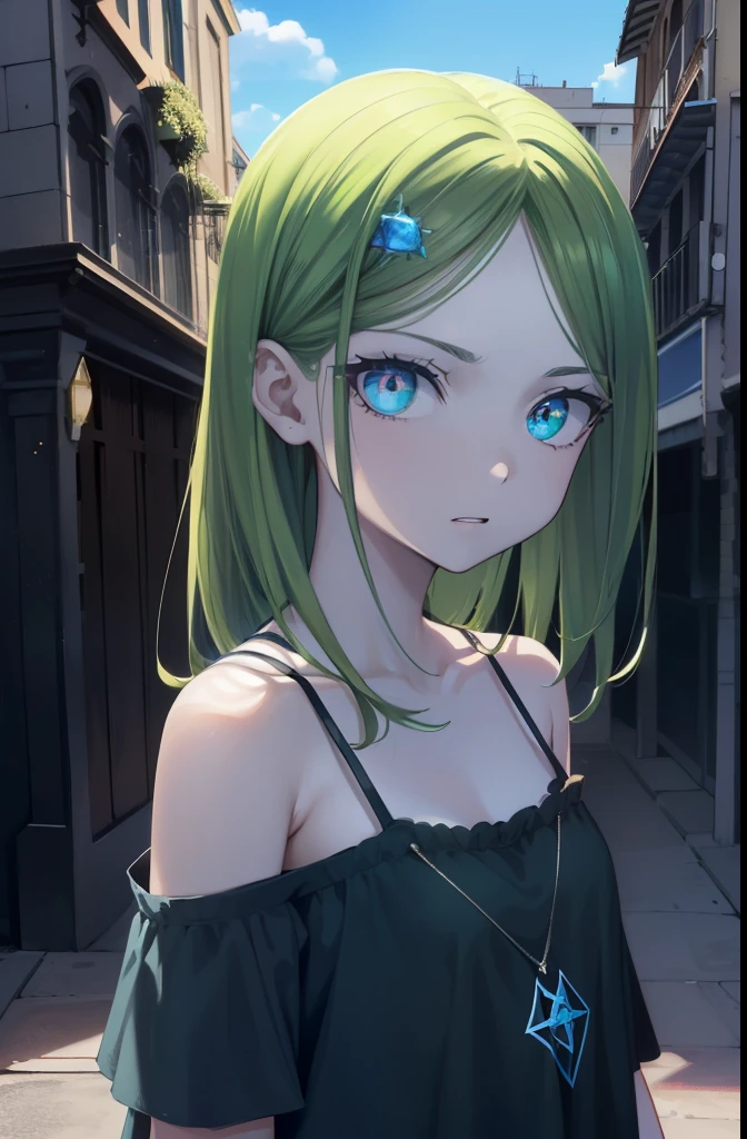 darkmagiciangirl, Maga Oscura, pelo rubio, gargantilla, (ojos verdes:1.5), pelo largo,
ROMPER bare shoulders, calzado azul, rubor, rubor stickers, escote, clavicle, Monstruo de duelo, tiene, fuera del hombro, pentacle, wizard tiene, (ropa azul:1.5),
ROMPER looking at viewer,
ROMPER outdoors, ciudad,
ROMPER (obra maestra:1.2), Mejor calidad, high resolution, fondo de pantalla de unidad 8k, (illustration:0.8), (hermosos ojos detallados:1.6), cara extremadamente detallada, perfect lighting, CG extremadamente detallado, (manos perfectas, perfect anatomy),