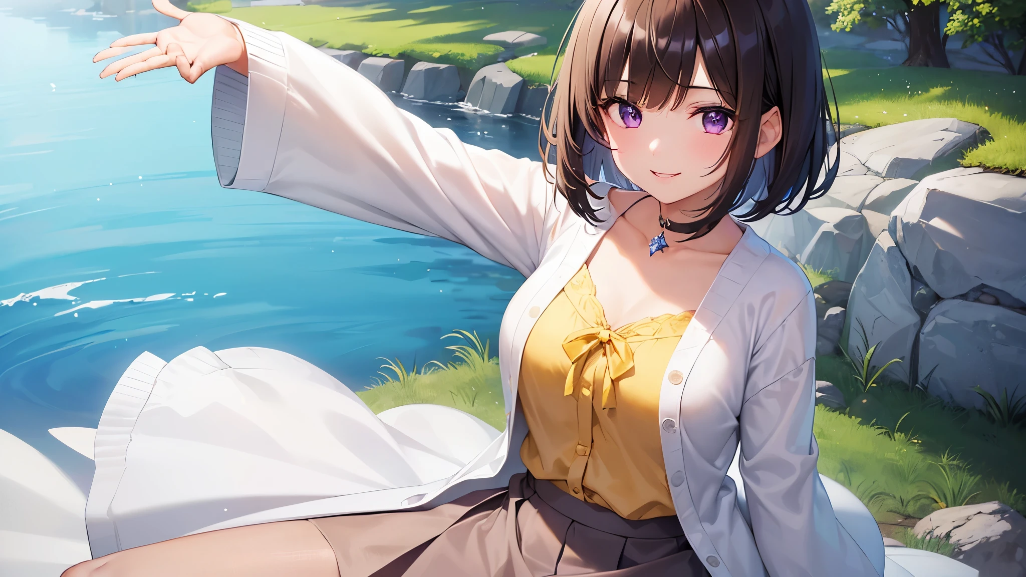 1girl very cute girl、dark brown hair、bob cut、short hair、Violet eyes、smile、Crystal clear white skin、(white blouse、yellow cardigan、gray skirt)、Light、grassland、river、