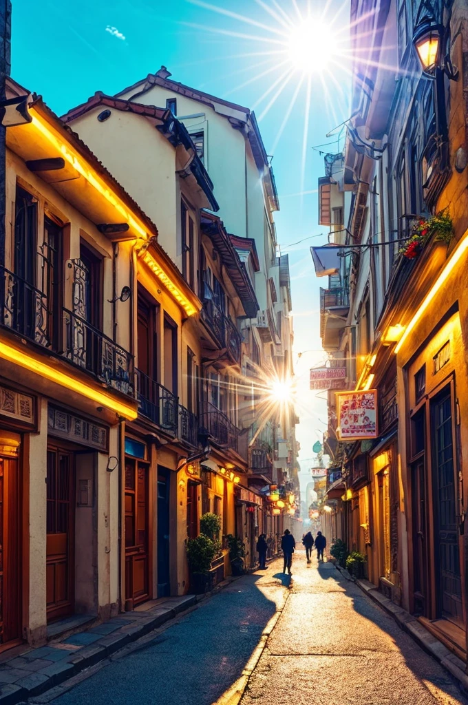 Removed image of the city with alleys on the street, super detailed, masterpiece, Best quality, ultra quality, absurd details, best light, Best shadow, Spicy, Spicy image, detailed, extremely detailed, Excellent resolution, 8K, 4K, UHD, volume, Bright sprite, 粒子特效, beautiful effects, neon, neon light, Sunbeam, Sunbeamик, (Character on the street)