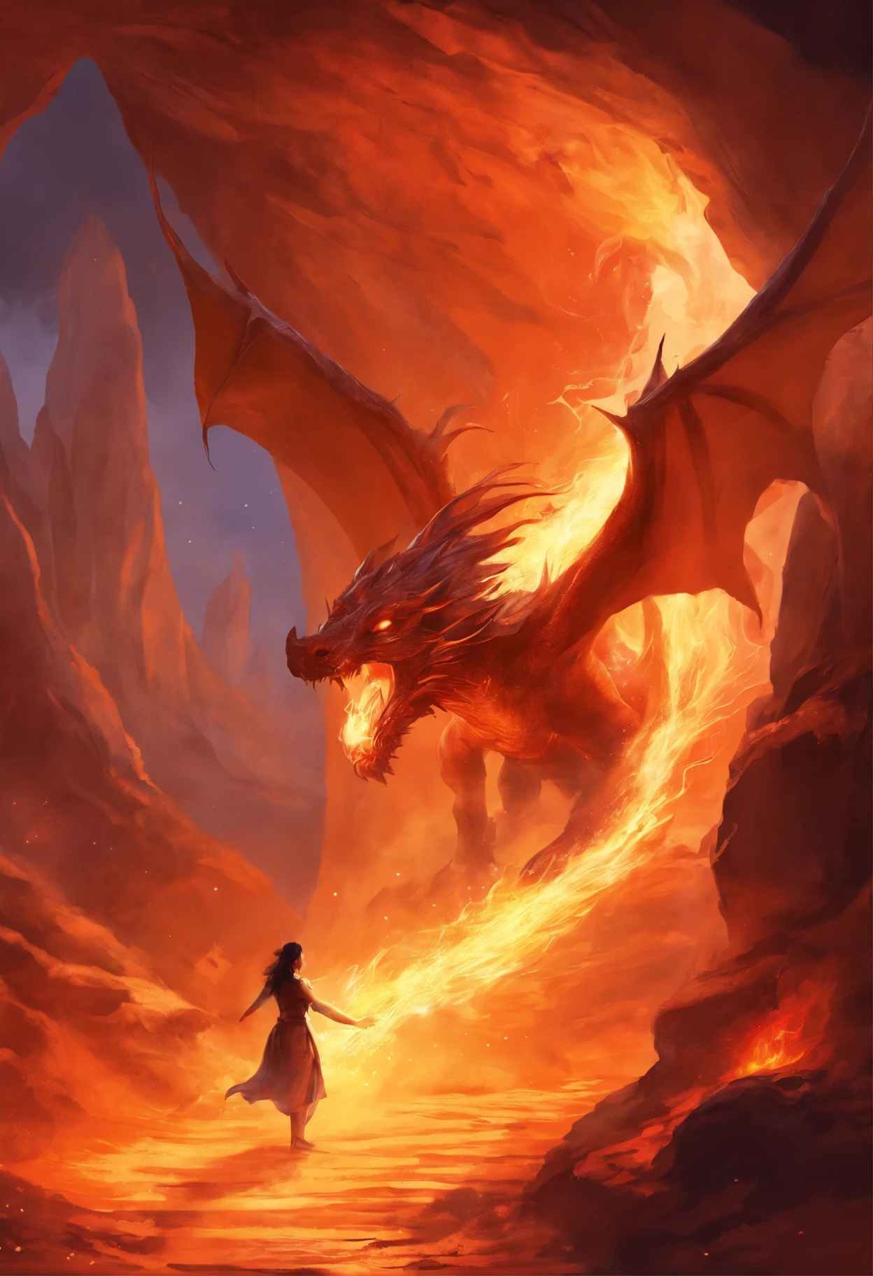 cave, fire, a man engulfed in fire reaches out to a girl, there is a dragon behind