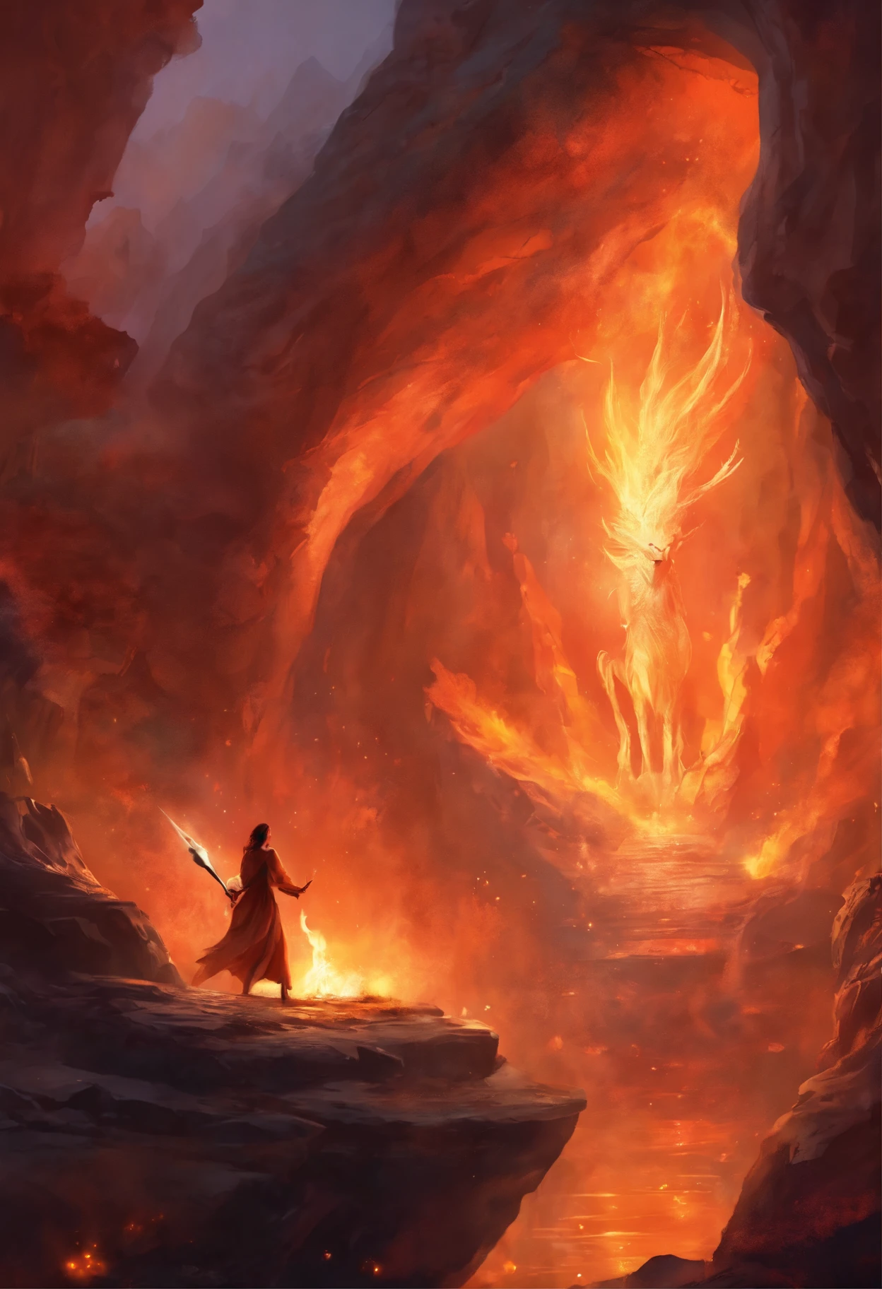 cave, fire, a man engulfed in fire reaches out to a girl, there is a dragon behind