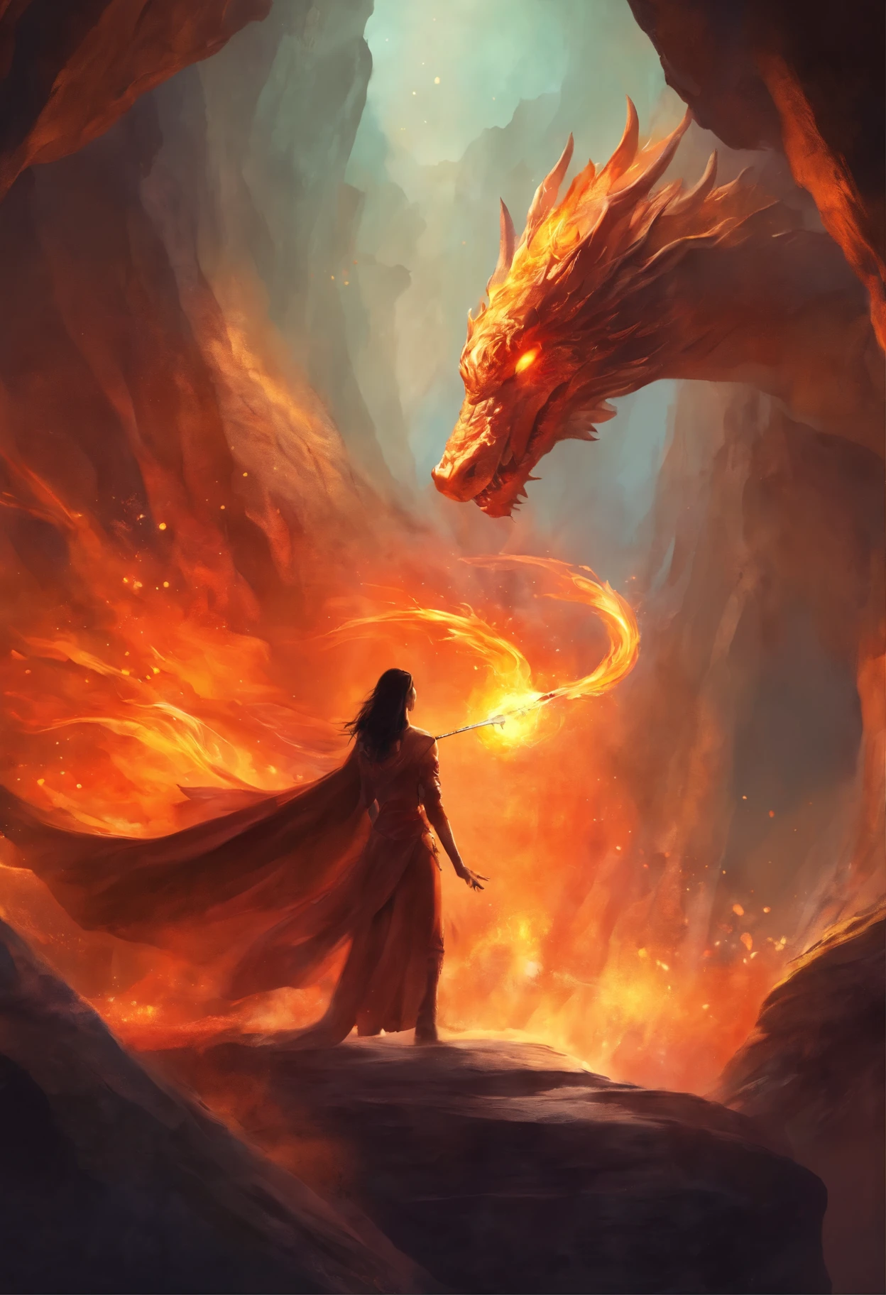 Elara standing firmly, a magic shield in front of her, pushing back the dragon&#39;s flames.