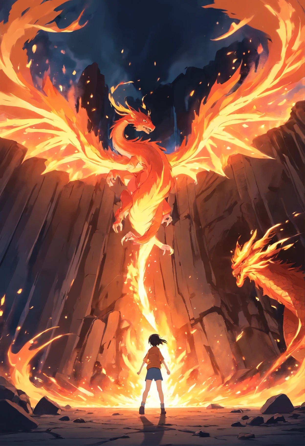 cave, fire, a man engulfed in fire reaches out to a girl, there is a dragon behind