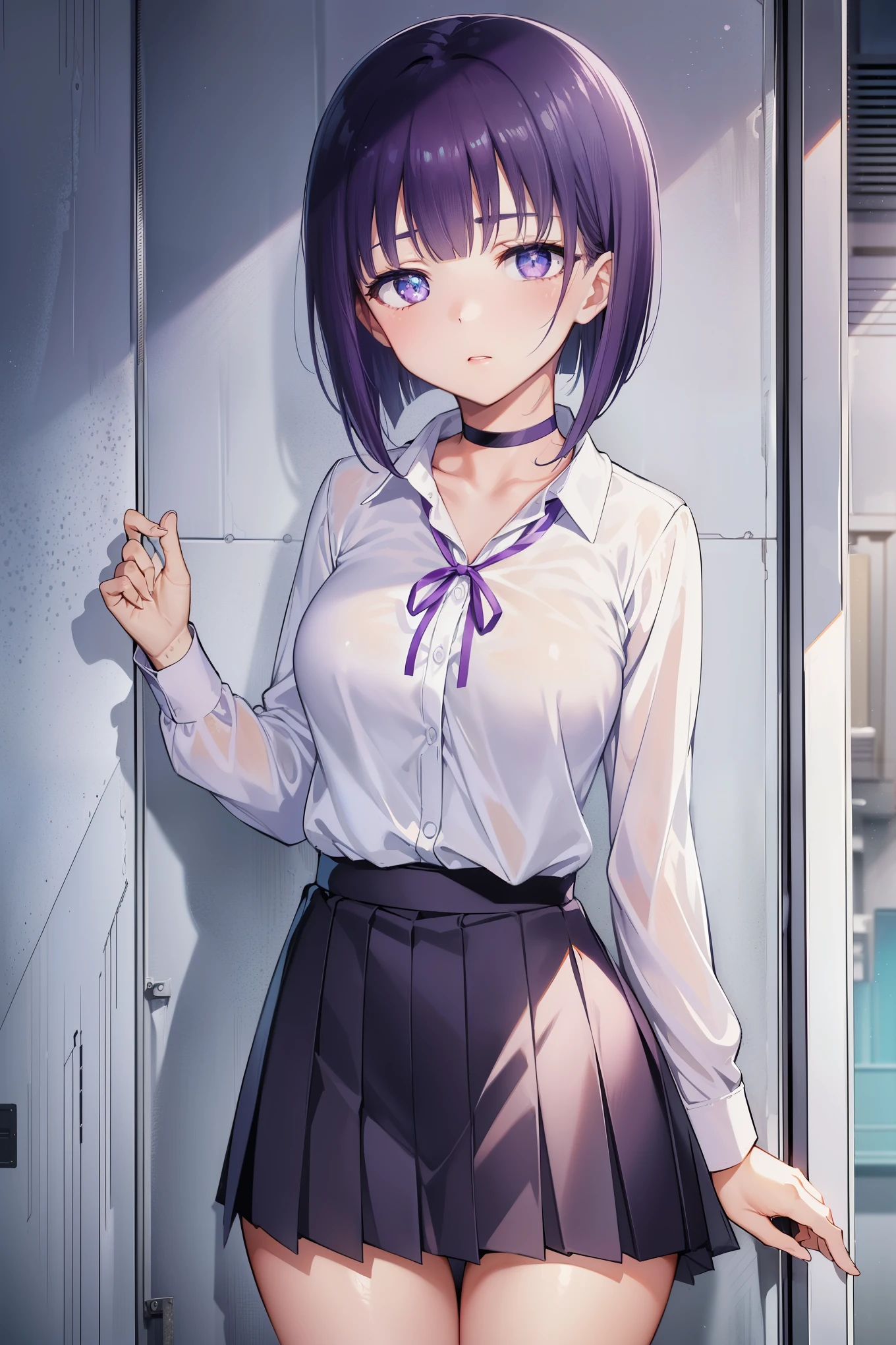 Miyami Izumi Pie, Miyabi Senpai, short hair, bangs, purple hair, (purple eyes:1.1),
break skirt, shirt, long sleeve, ribbon, school uniform, pleated skirt, choker, collared shirt, neck ribbon, black choker,
break indoors, classroom,
break looking at viewer, (cowboy shot:1.5),
break (masterpiece:1.2), highest quality, High resolution, unity 8k wallpaper, (figure:0.8), (beautiful and fine eyes:1.6), highly detailed face, perfect lighting, Very detailed CG, (perfect hands, perfect anatomy),