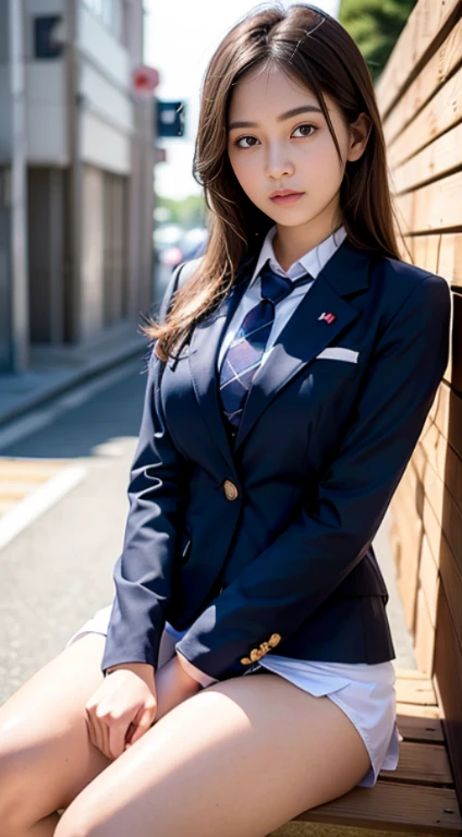 (8K, RAW photo, highest quality, masterpiece: 1.2, realistic, photorealistic, high contrast, photon mapping, photon mapping, photorealistic, super detailed, professional lighting, Low - Angle: 1.2), (1 girl), (alone: 1.5), (whole body), (Height is 170cm), (22 years old ), (Anushka Sen at night in India), (Sidewalk bench), (Japan High School Uniform), (dark blue blazer: 1.2), (short plaid navy skirt: 1.2), (white shirt for students), (tie: 1.2), (sitting, I'm looking forward to), (m-legs), (100 degree open), (thighs open: 1.2), (light brown medium hair), (panties: 1.5), (black loafers: 1.2), (beautiful face: 1.2), (perfect proportions: 1.2), (long legs: 1.2), (panties Slightly Visible from Under Skirt: 1.2), (transparent skin), beautiful body, very detailed、Panty shot