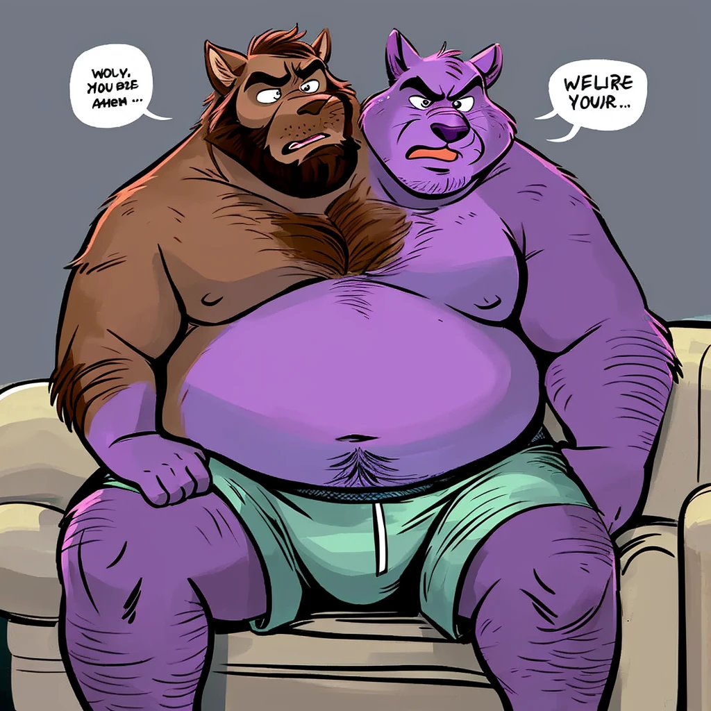 solo, ((brown wolf head and purple panther head stuck on one body and wearing two luchador masks)), (left head wolf, right head panther), (right half purple, left half brown), adult male, hairy, detailed eyes, (stylized 3d, by disney, by rembrandt), by pixar:1.1, by dramamine, obese, locker room background, shirtless, flaccid penis, tesicles, navel, correct hands, ultradetailed, natural pose, beard, flexing