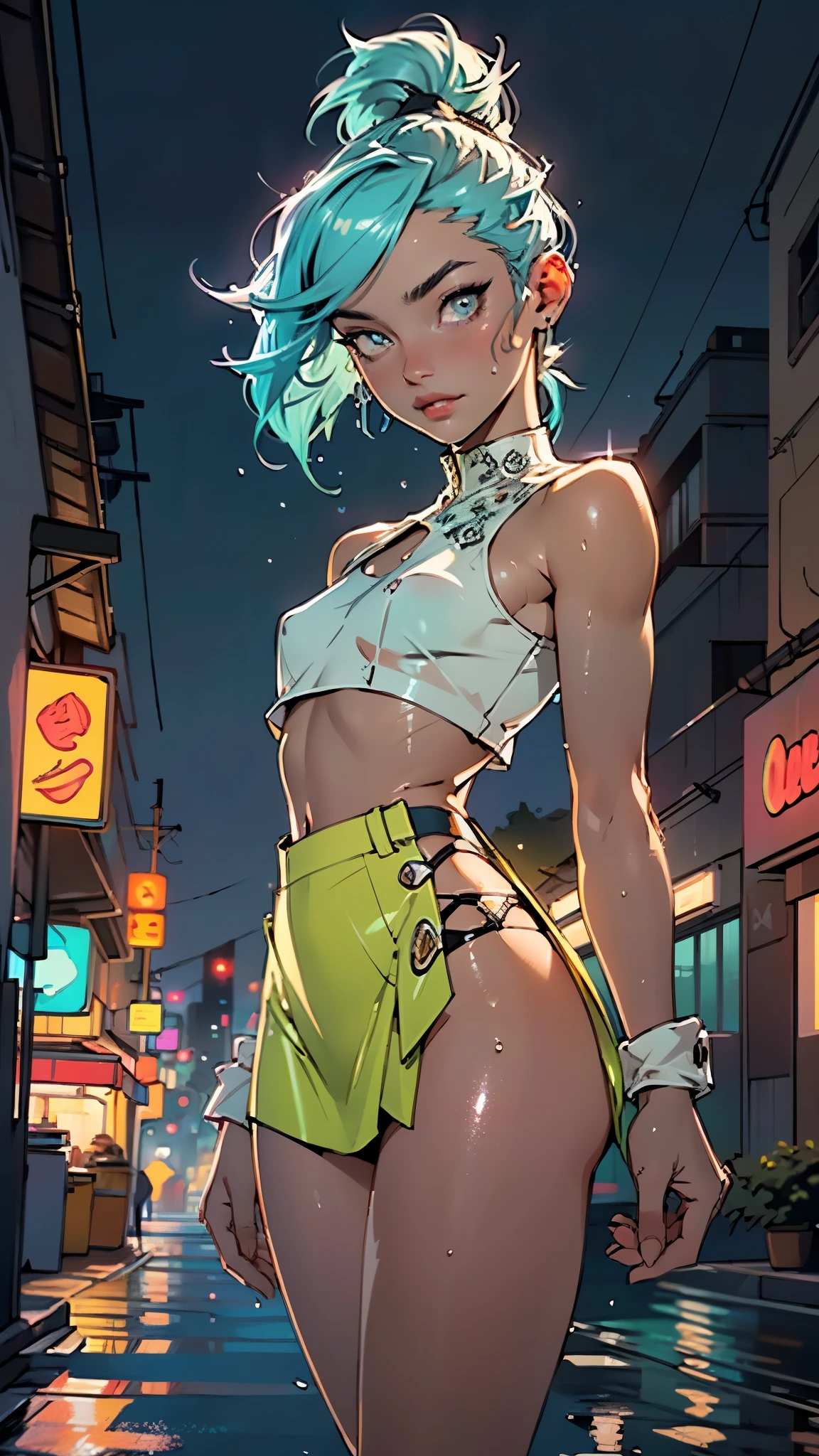 cute little ,(((little ,small tiny body,,chibi))),((())),((little with extremely cute and beautiful aqua hair)),(baby face),(round face),
(((flat chest))),(((aqua hair:1.5,long aqua hair,ponytail,colored inner hair,ear breathing,))),((heterochromia:1.5, (aqua_eye and yellow_eye))),intricate eyes,beautiful detailed eyes,symmetrical eyes,big eyes:1.5,(((lustrous skin:1.5,bright skin: 1.5,skin tanned,shiny skin,very shiny skin,shiny body,plastic glitter skin,exaggerated shiny skin,illuminated skin,wet legs))),(detailed body,(detailed face)),
cute,slutty,erotic,((nsfw)),
zettai ryouiki,(revealing clothing,show skin),((sideboob)),(barefoot,),(((breast curtain,low rise mini skirt,high cut thong))),((colorful clothes, clothes in neon colors)),((wet clothes,intricate outfit,intricate clothes)),
(dynamic pose:1.0),solo focus,embarrassed,(centered,scale to fit dimensions,Rule of thirds),
cyberpunk city by the ocean at night, with bright neon signs and dark stormy clouds and puddles, scenery:1.25,nighttime, starry night, cosmos,Very dark night that makes the neon lights stand out, very bright neon lights,nighttime, starry night, cosmos,
artistic photography,(photography taken by sldr),highres, sharp focus,(ultra detailed, extremely detailed), (photorealistic artwork:1.37),(extremely detailed CG unity 8k wallpaper),((synthwave background theme)),(((vibrant colors))),intricate,(intricate background),(masterpiece),(best quality),perfect rendered face,perfect face details,realistic face,photo realistic,analog style,((intricate detail)),(((realism))),