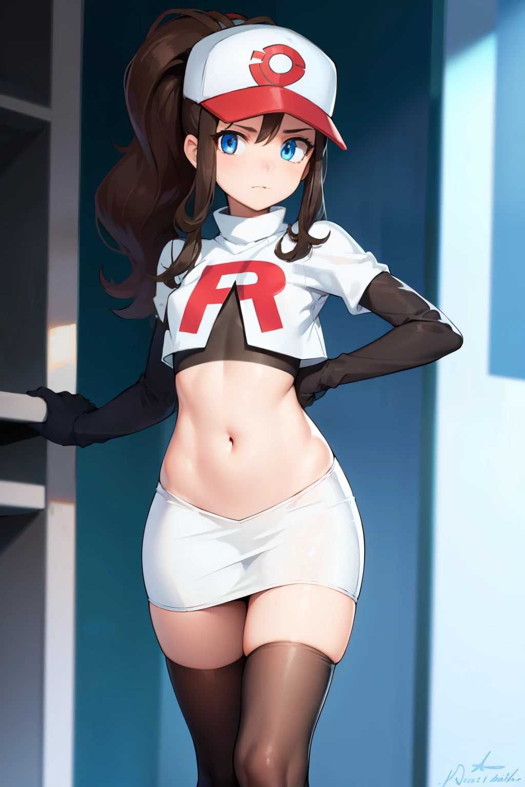 pokemonhilda, pokemonhilda, blue eyes, brown hair, long hair, ponytail, (small breasts:1.2),
BREAK baseball cap, hat, team rocket,team rocket uniform, red letter R, white skirt,white crop top,black thigh-highs,black elbow gloves
BREAK looking at viewer,
BREAK (masterpiece:1.2), best quality, high resolution, unity 8k wallpaper, (illustration:0.8), (beautiful detailed eyes:1.6), extremely detailed face, perfect lighting, extremely detailed CG, (perfect hands, perfect anatomy),