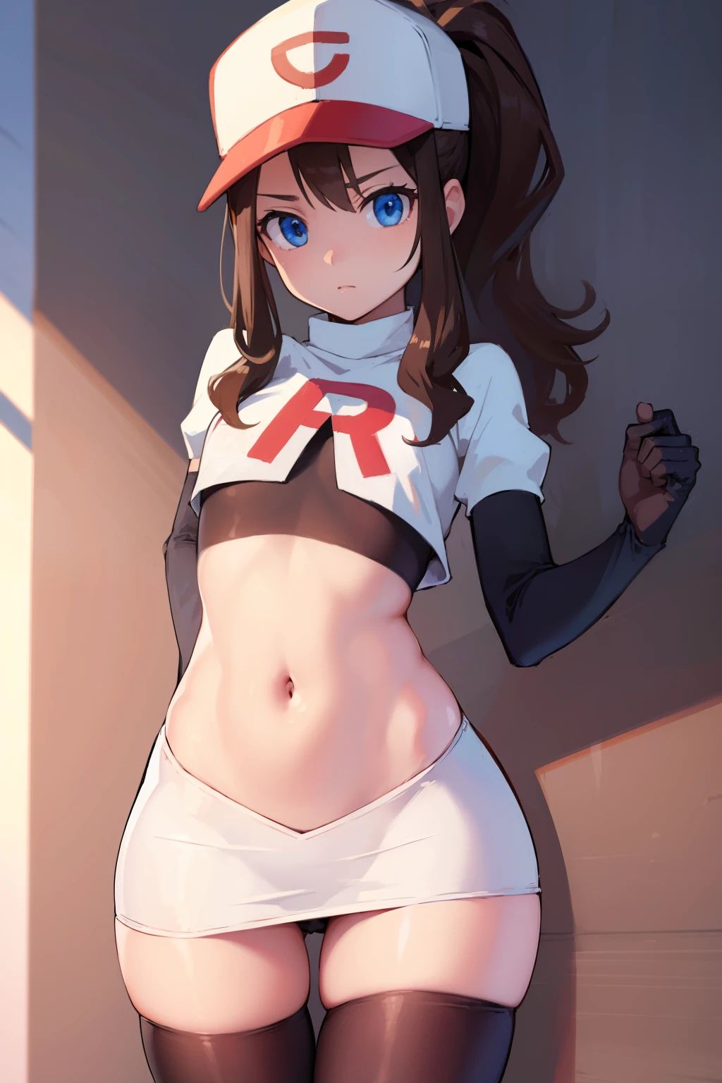 pokemonhilda, pokemonhilda, blue eyes, brown hair, long hair, ponytail, (small breasts:1.2),
BREAK baseball cap, hat, team rocket,team rocket uniform, red letter R, white skirt,white crop top,black thigh-highs,black elbow gloves
BREAK looking at viewer,
BREAK (masterpiece:1.2), best quality, high resolution, unity 8k wallpaper, (illustration:0.8), (beautiful detailed eyes:1.6), extremely detailed face, perfect lighting, extremely detailed CG, (perfect hands, perfect anatomy),