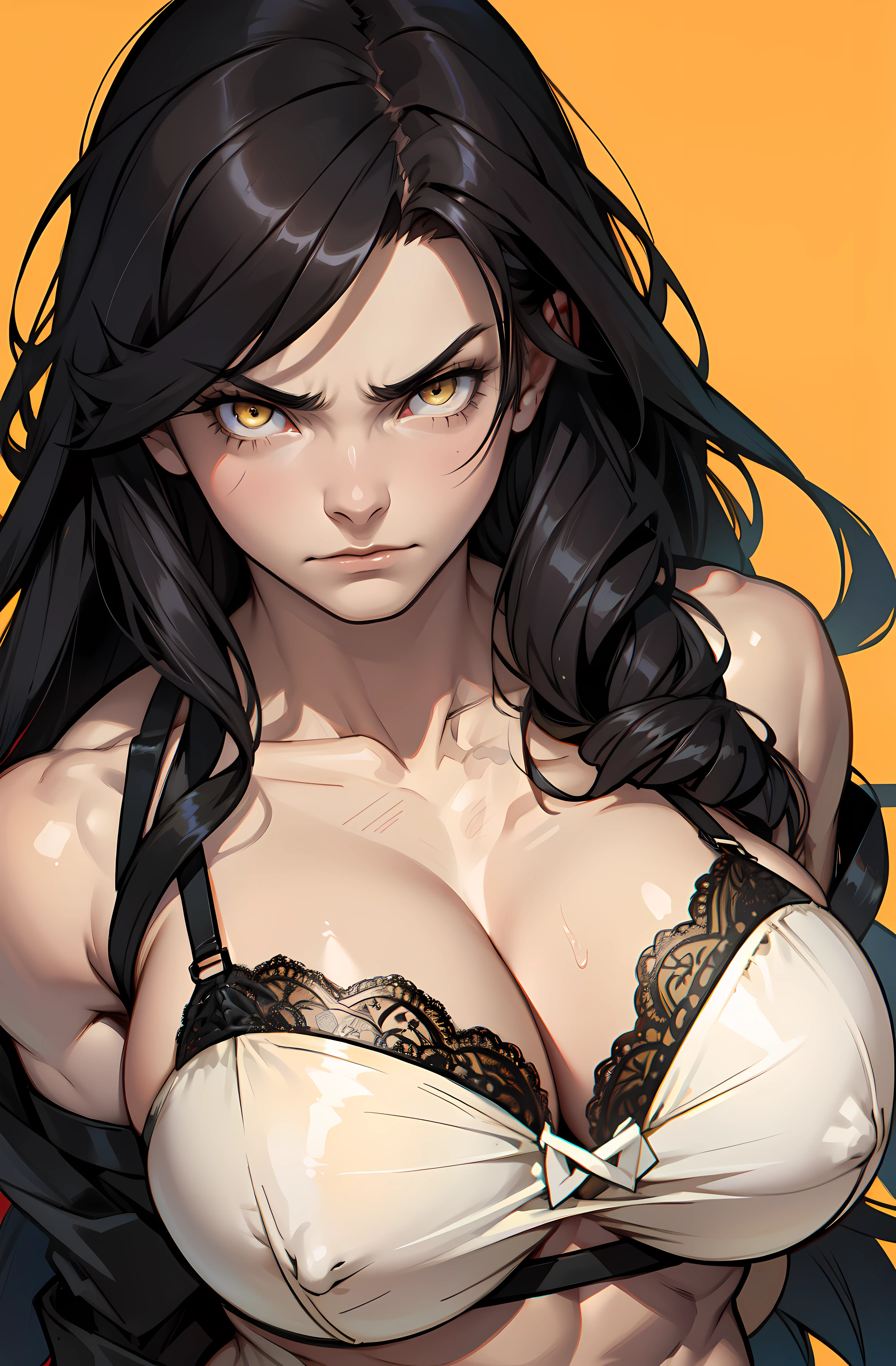 ((1 girl)), extremely long hair, solo, ((muscular)), veins, black hair, yellow eyes, pale skin, strong, veins, abs, (huge breasts), frowning, close up lace lingerie