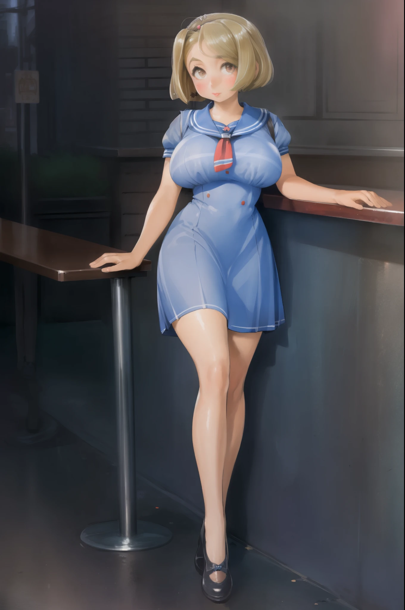 full body portrait of Betty (styled in a (1940's Sailor Dress:1.5), (highly detailed:1.3):1.3), (highly detailed face:1.8), (1940's Pompadour Hairstyle:1.3),  (slim body, (large breasts:1.3), small hips:1.5), (leaning back on the bar:1.5), (background sidewalk downtown New York City 1940:1.4), (soft studio lighting, volumetric shadows), JCH Street Pan, ISO 100