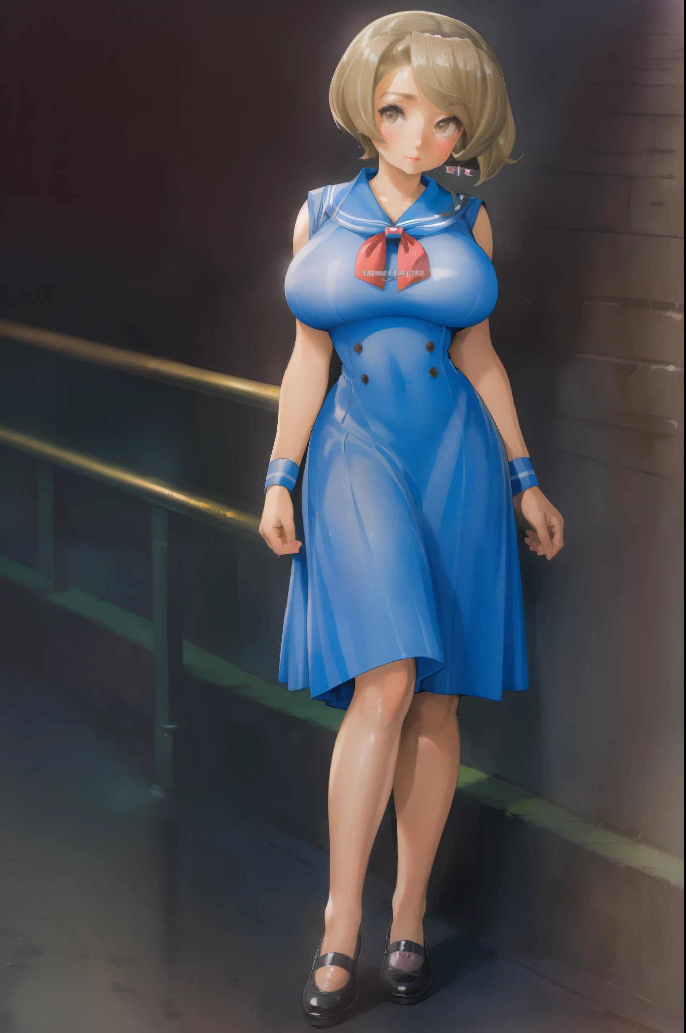 full body portrait of Betty (styled in a (1940's Sailor Dress:1.5), (highly detailed:1.3):1.3), (highly detailed face:1.8), (1940's Pompadour Hairstyle:1.3),  (slim body, (large breasts:1.3), small hips:1.5), (leaning back on the bar:1.5), (background sidewalk downtown New York City 1940:1.4), (soft studio lighting, volumetric shadows), JCH Street Pan, ISO 100