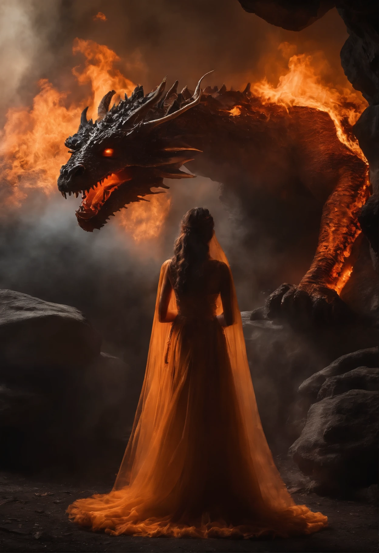 blonde woman (Targaryen) being burned alive (in a room) by a golden dragon (explicit image and far away)