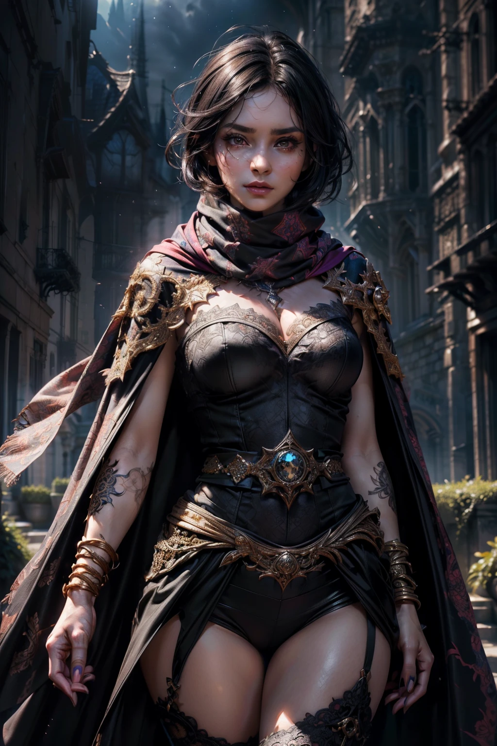 beauty girl, realistic skin (masterpiece), best quality, (((in hyper realistic and detailed vines, cape and scarf aethereal aesthetic style))), intricate perfect beauty face (((hyper realistic and detailed short black hair))), detailed sharp expressive eyes, (((from face to the waist))), (((beauty slim shape))), 4k, UHD