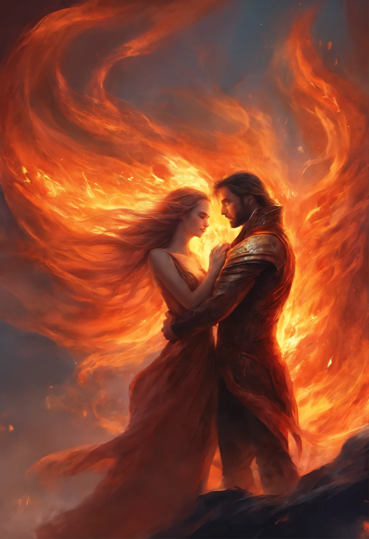A man on fire hugs a girl