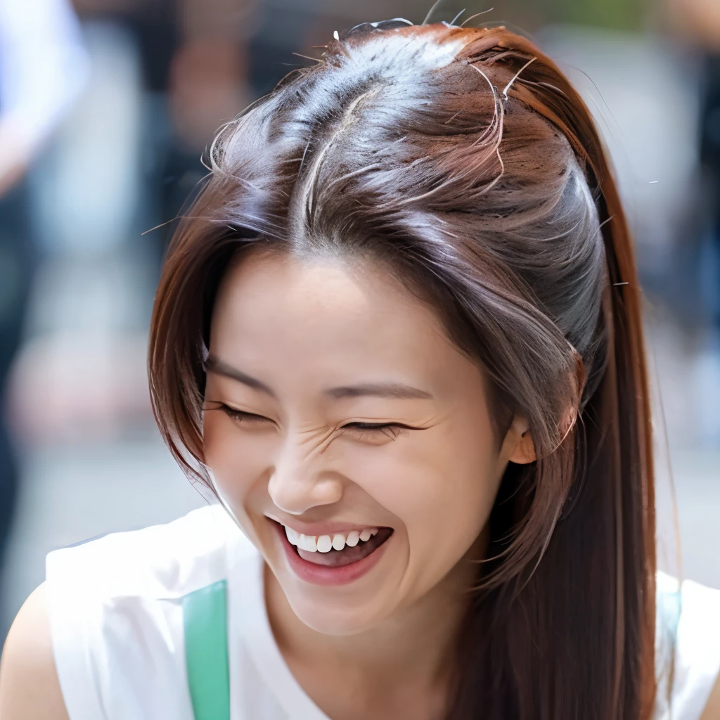 beauty、highest quality、Hairstyle with the forehead out、A woman laughing with her mouth open and confused、(((Face down)))