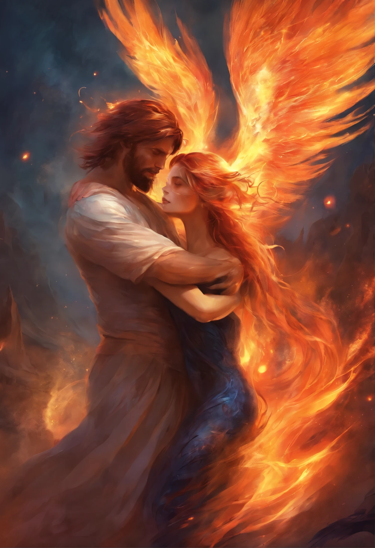 A man on fire hugs a girl