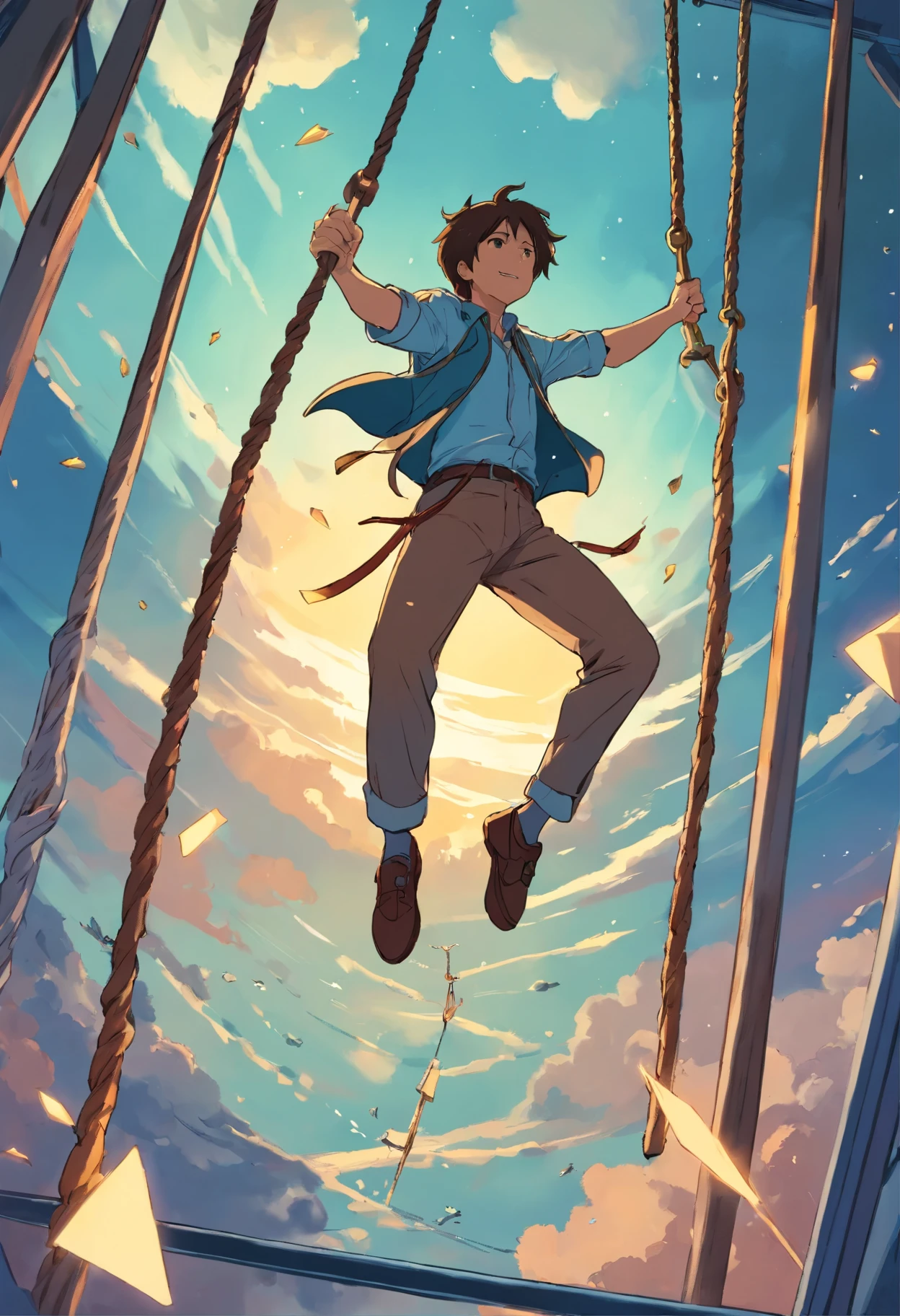 Universal Weight Tarot Card No. 12 The Hanged Man, Please draw a picture of a man in his 40s bungee jumping.