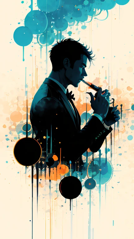 Detailed silhouette of a posed gentleman vaping:dynamic pose:profile,Ink splash,Bold colors,dynamically,colorful,An abstract misty, foggy background,works of art,mysterious,playful,design