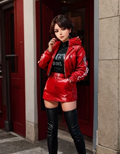 teenager . Buen cuerpo. Vestida de falda y botas. Top rojo y chaqueta de cuero rockera sexy.