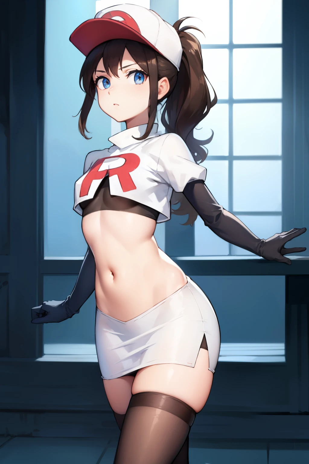 pokemonhilda, pokemonhilda, blue eyes, brown hair, long hair, ponytail, (small breasts:1.2),
BREAK baseball cap, hat, team rocket,team rocket uniform, red letter R, white skirt,white crop top,black thigh-highs,black elbow gloves
BREAK looking at viewer,
BREAK (masterpiece:1.2), best quality, high resolution, unity 8k wallpaper, (illustration:0.8), (beautiful detailed eyes:1.6), extremely detailed face, perfect lighting, extremely detailed CG, (perfect hands, perfect anatomy),