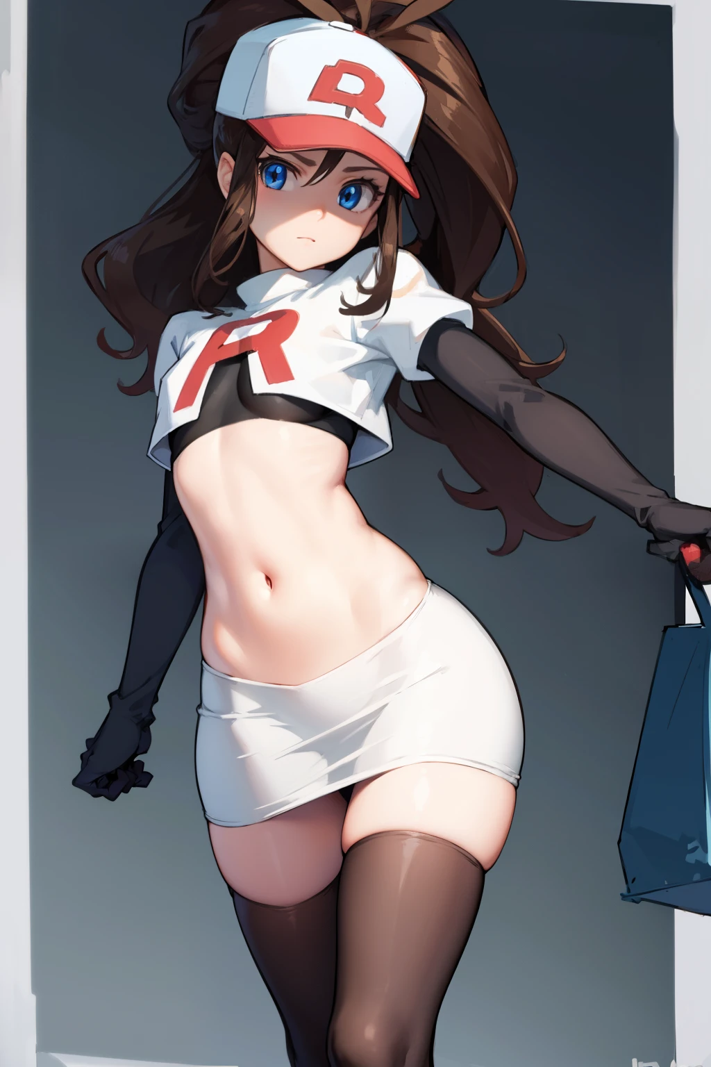 pokemonhilda, pokemonhilda, blue eyes, brown hair, long hair, ponytail, (small breasts:1.2),
BREAK baseball cap, hat, team rocket,team rocket uniform, red letter R, white skirt,white crop top,black thigh-highs,black elbow gloves
BREAK looking at viewer,
BREAK (masterpiece:1.2), best quality, high resolution, unity 8k wallpaper, (illustration:0.8), (beautiful detailed eyes:1.6), extremely detailed face, perfect lighting, extremely detailed CG, (perfect hands, perfect anatomy),