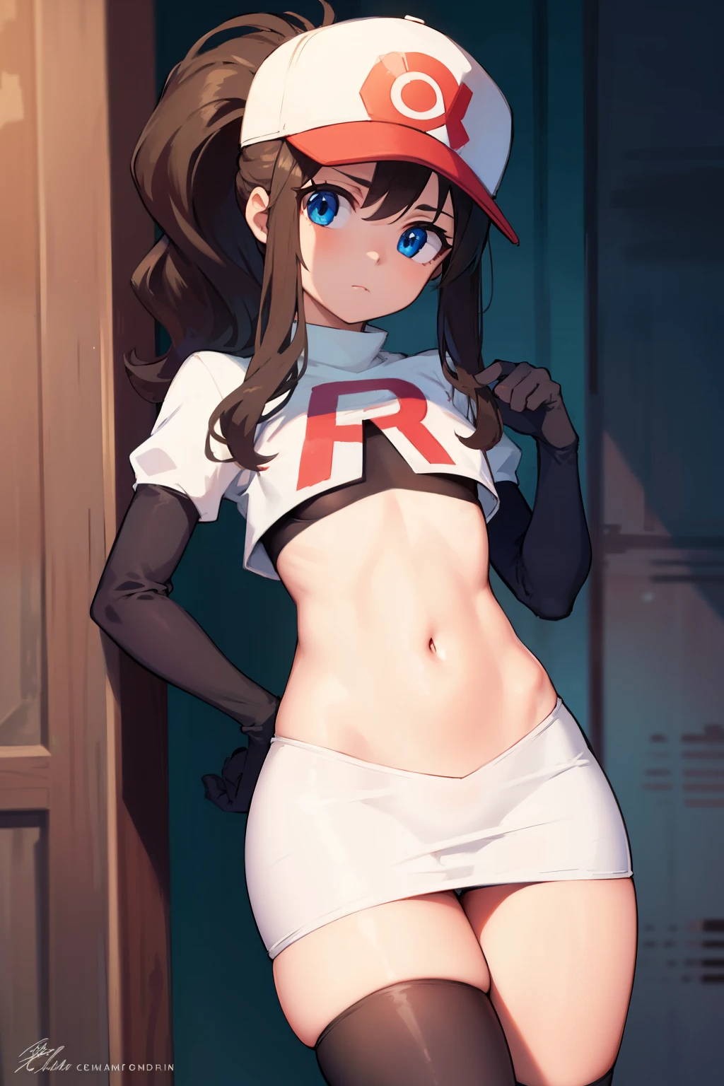 pokemonhilda, pokemonhilda, blue eyes, brown hair, long hair, ponytail, (small breasts:1.2),
BREAK baseball cap, hat, team rocket,team rocket uniform, red letter R, white skirt,white crop top,black thigh-highs,black elbow gloves
BREAK looking at viewer,
BREAK (masterpiece:1.2), best quality, high resolution, unity 8k wallpaper, (illustration:0.8), (beautiful detailed eyes:1.6), extremely detailed face, perfect lighting, extremely detailed CG, (perfect hands, perfect anatomy),