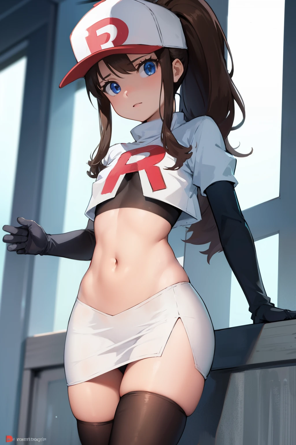 pokemonhilda, pokemonhilda, blue eyes, brown hair, long hair, ponytail, (small breasts:1.2),
BREAK baseball cap, hat, team rocket,team rocket uniform, red letter R, white skirt,white crop top,black thigh-highs,black elbow gloves
BREAK looking at viewer,
BREAK (masterpiece:1.2), best quality, high resolution, unity 8k wallpaper, (illustration:0.8), (beautiful detailed eyes:1.6), extremely detailed face, perfect lighting, extremely detailed CG, (perfect hands, perfect anatomy),