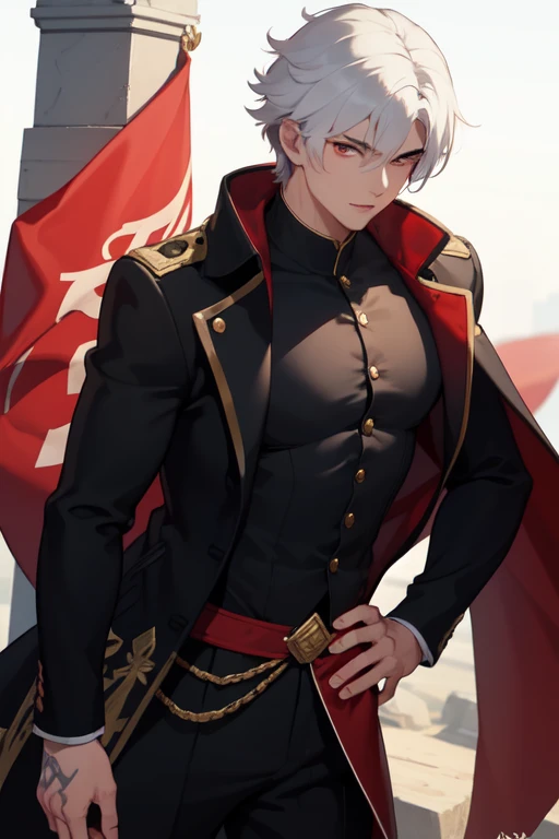 A very handsome, well-built 20-year-old man with scars, bright white hair and scarlet red pupils and wears a long black jacket, an ancient legendary warrior.
