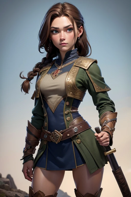 (Obra maestra, La mejor calidad) (young warrior woman of nordic descent), (combat position) (ojos verdes), (Muscular), (falda de piel), (brown hair color),(loose hair with small braids on the scalp), (top con correa de cuero) plumas, capa sobre el hombro, bufas, (azul, gray and brown suit).