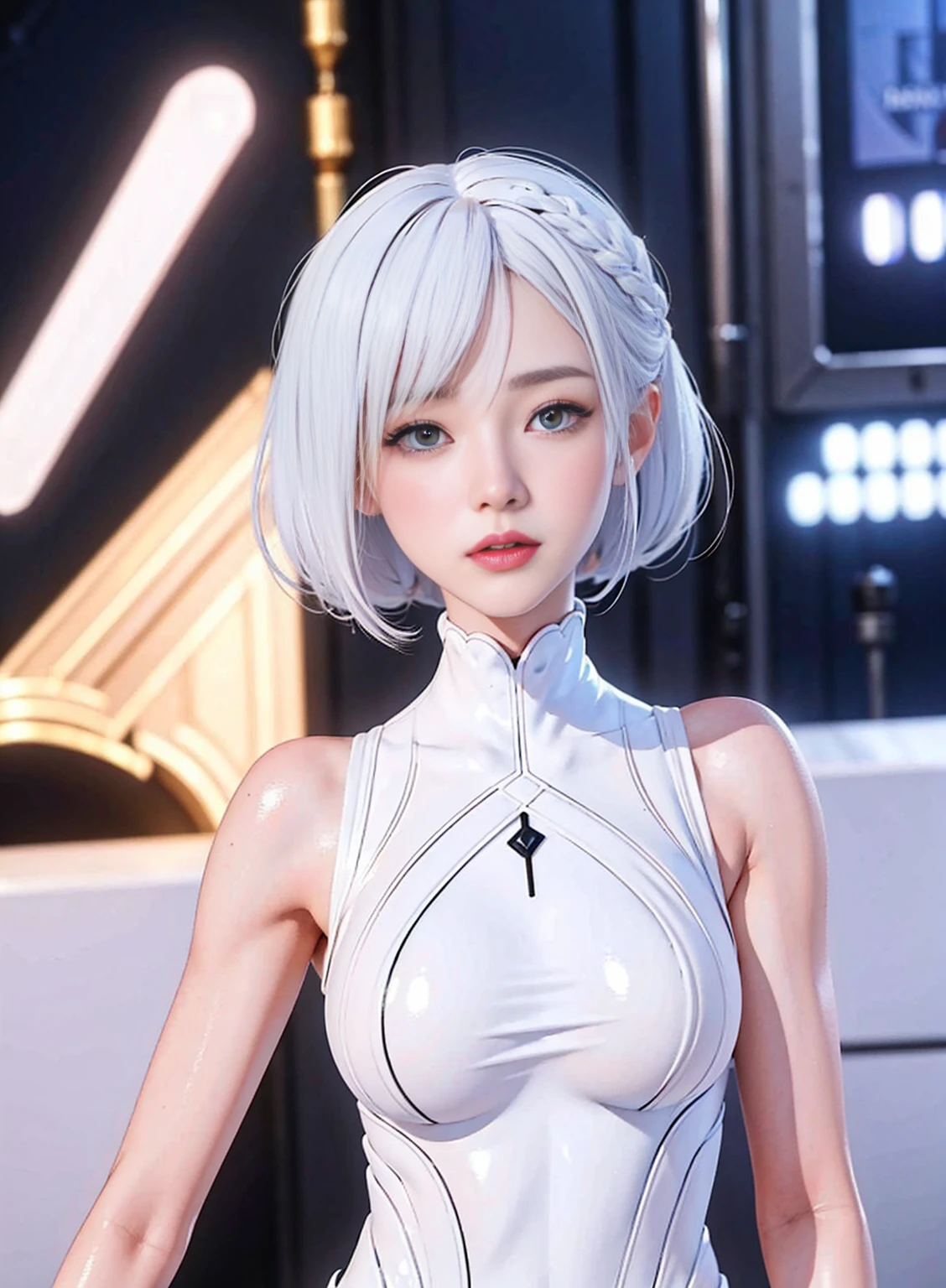 25 year old young woman: 1.3, long white hair: 1.2, white CEO clothing: 1.2, daytime: 1.2, square: 1.2, Cinema lighting, Surrealism, ultra high definition, precise, Super details, textured skin, high detail, best quality, 8k,Has huge,shiny skin,high resolution,超现实ultra high definition的脸,photorealistic body