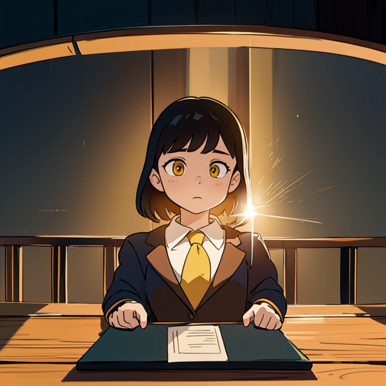 1girl, intricate detail, masterpiece, best quality, extremly detailed,cinematic lighting, beautiful detailed glow, finely detailed beautiful face and eyes, 8k, dark intense shadows, yellow eyes, medium hair, black hair, bangs, floating hair, black jacket, open jacket, white shirt, expressionless, yellow necktie, black skirt, spotlight, sunshine, sunrise, gradient sky, city, lens flare, cowboy shot, [[curvy]], [mature female]