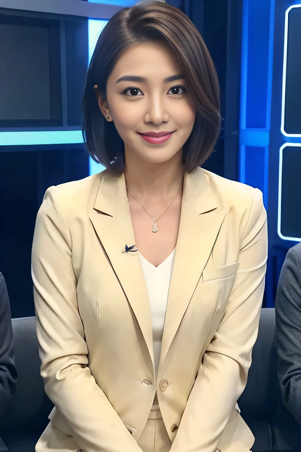 best image quality、ultra high resolution、1 girl、beautiful face、short hair、Announcer in a tight suit with long sleeves、Sitting in the studio、news caster
