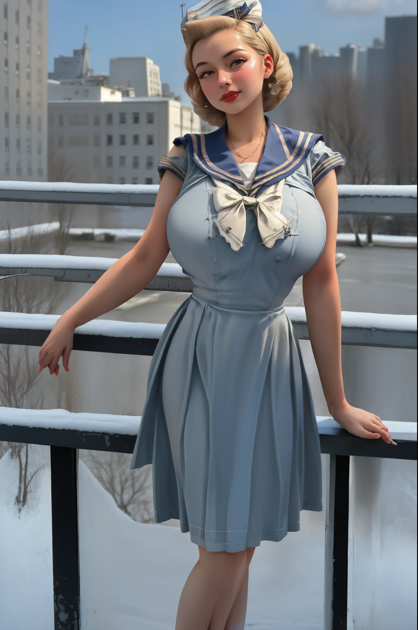 full body portrait of Betty (styled in a (1940's Sailor Dress:1.5), (highly detailed:1.3):1.3), (highly detailed face:1.8), (1940's Pompadour Hairstyle:1.3), (slim body, (large breasts:1.3), small hips:1.5), (leaning back on the bar:1.5), (background sidewalk downtown New York City 1940:1.4), (soft studio lighting, volumetric shadows), JCH Street Pan, ISO 100