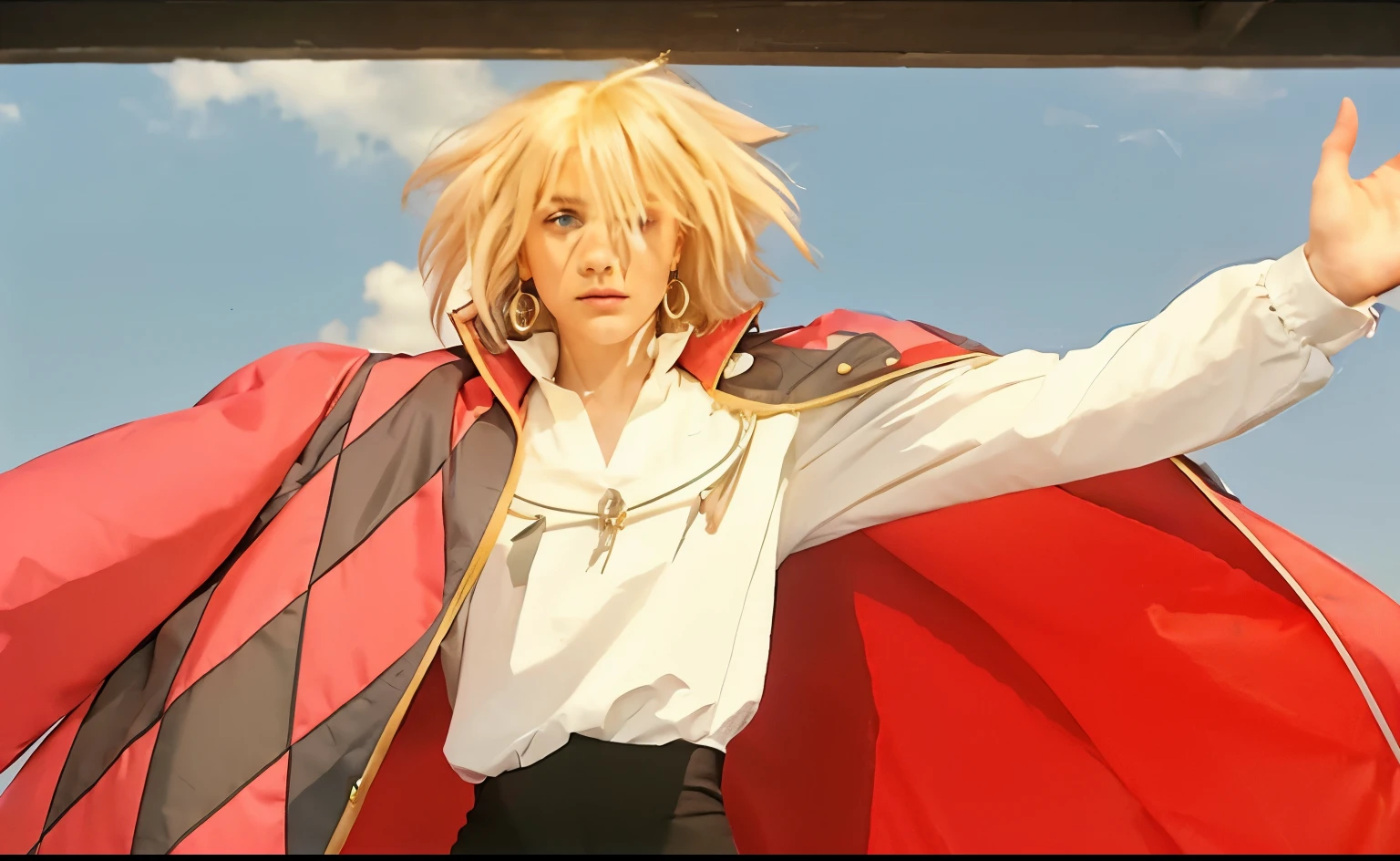Young blond handsome man with delicate features, big blue eyes but a bit strong. White puffy shirt bleach pant open arms and a coat that's red on the inside and pink with gray rhombuses. The man is wearing green long earrings