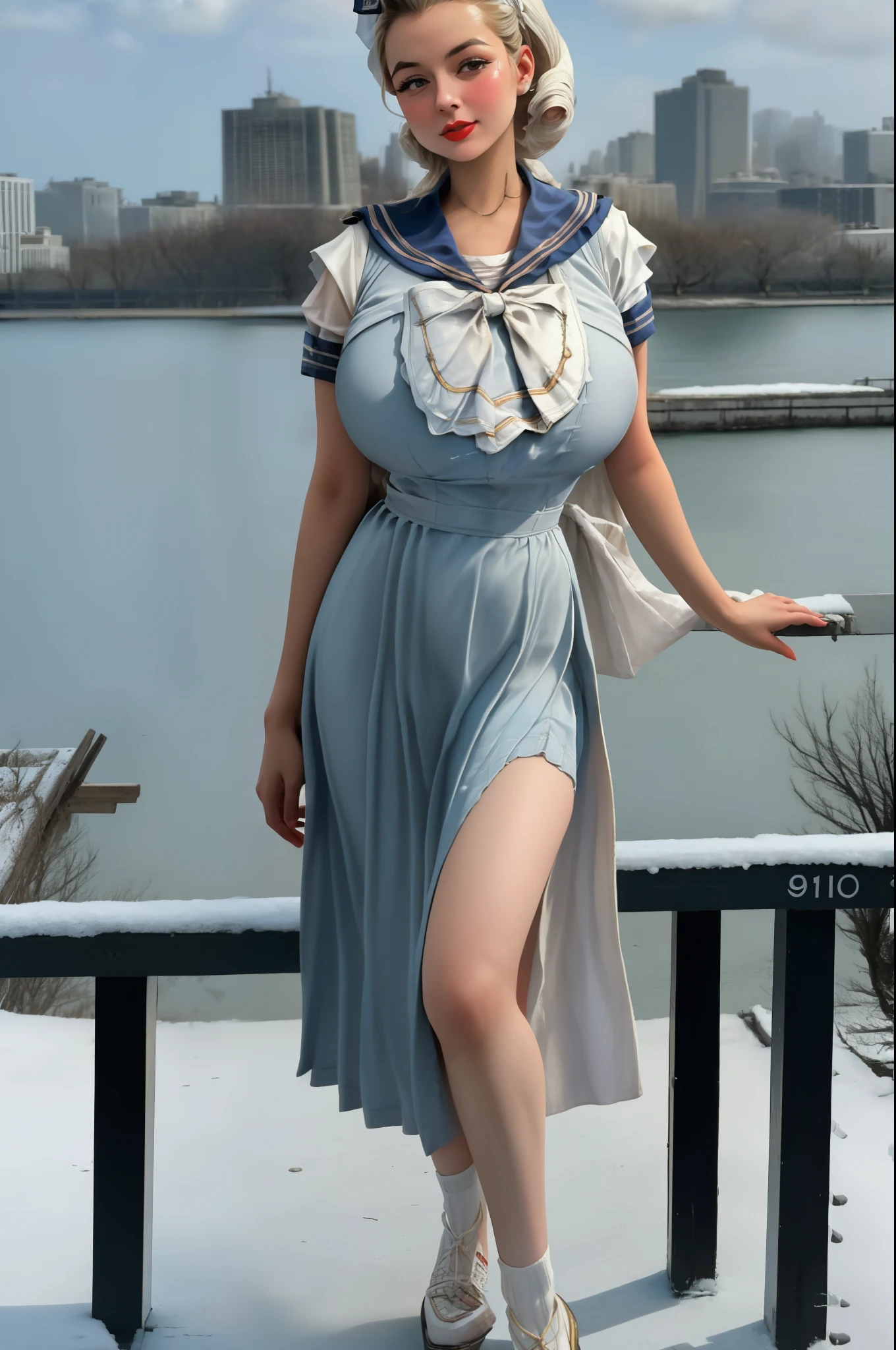 full body portrait of Betty (styled in a (1940's Sailor Dress:1.5), (highly detailed:1.3):1.3), (highly detailed face:1.8), (1940's Pompadour Hairstyle:1.3), (slim body, (large breasts:1.3), small hips:1.5), (leaning back on the bar:1.5), (background sidewalk downtown New York City 1940:1.4), (soft studio lighting, volumetric shadows), JCH Street Pan, ISO 100