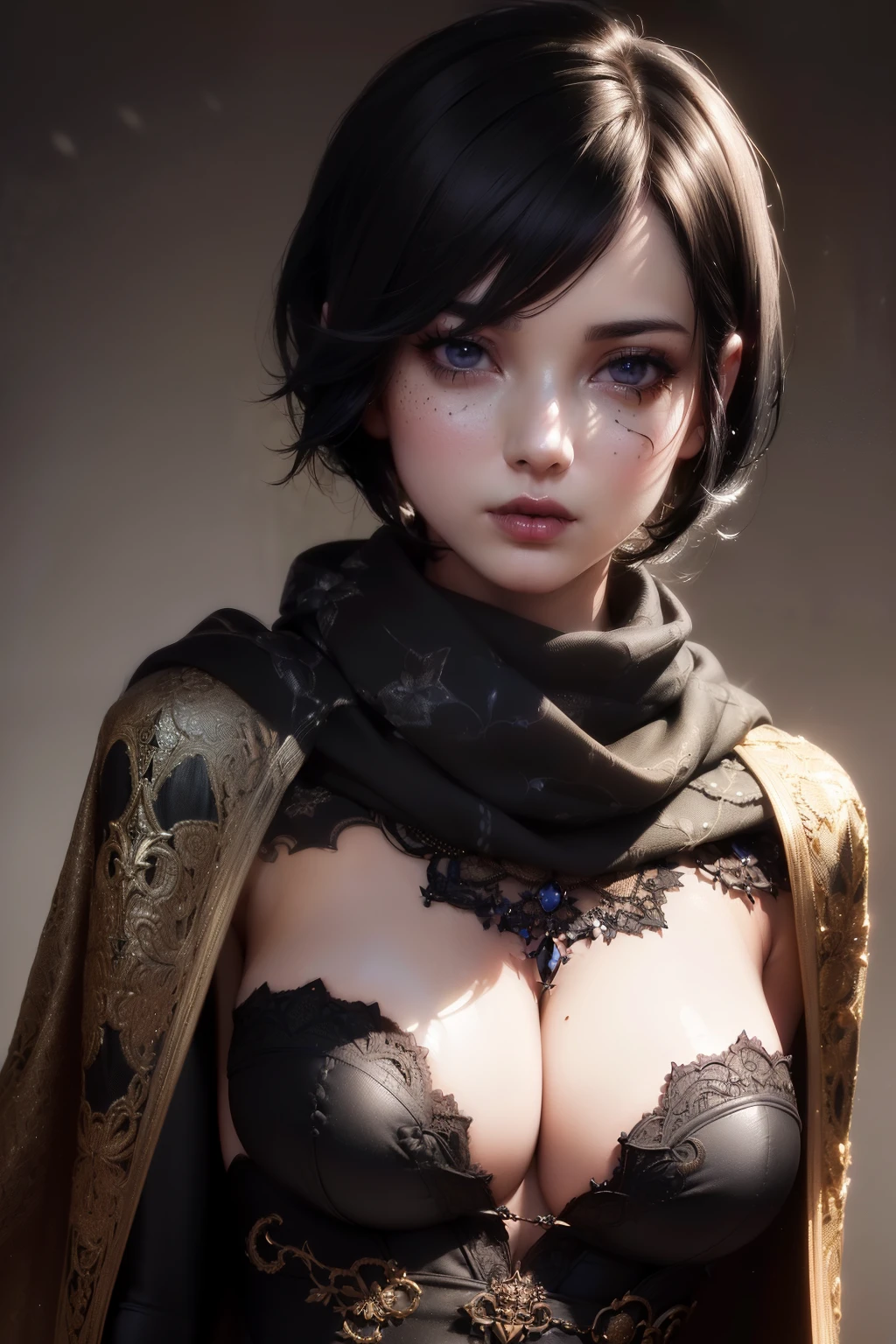 beauty girl, realistic skin (masterpiece), best quality, (((in hyper realistic and detailed vines, cape and scarf aethereal aesthetic style))), intricate perfect beauty face (((hyper realistic and detailed short black hair))), detailed sharp expressive eyes, (((from face to the waist))), (((beauty slim shape))), 4k, UHD