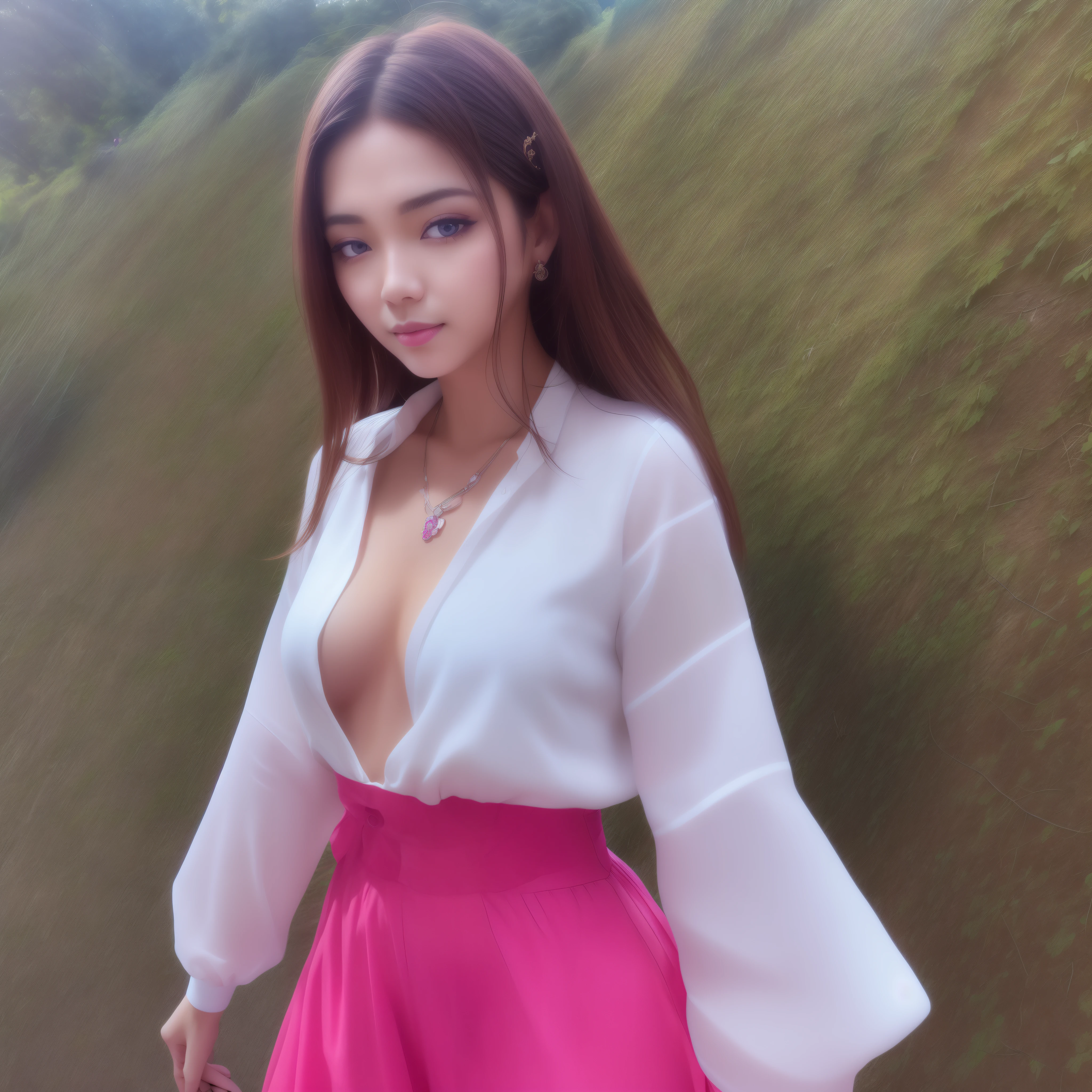 4k, June scenery, beautiful woman, long hair, brown hair, Medium bust, blue eyes, white shirt, Hot Pants, neon red heart necklace, Look at the viewer., at night, colorful hydrangea flowers,Thai women, 24 years old,Traditional Thai costumes,walking on the road,in rural Thailand,sunlight