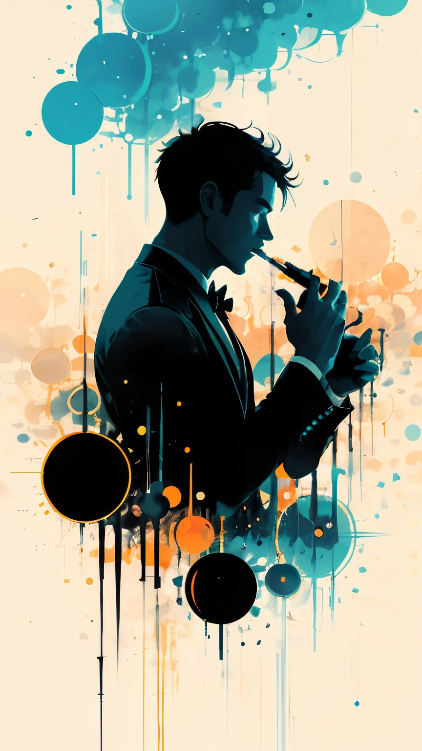 Detailed silhouette of a posed gentleman vaping:dynamic pose:profile,Ink splash,Bold colors,dynamically,colorful,An abstract misty, foggy background,works of art,mysterious,playful,design