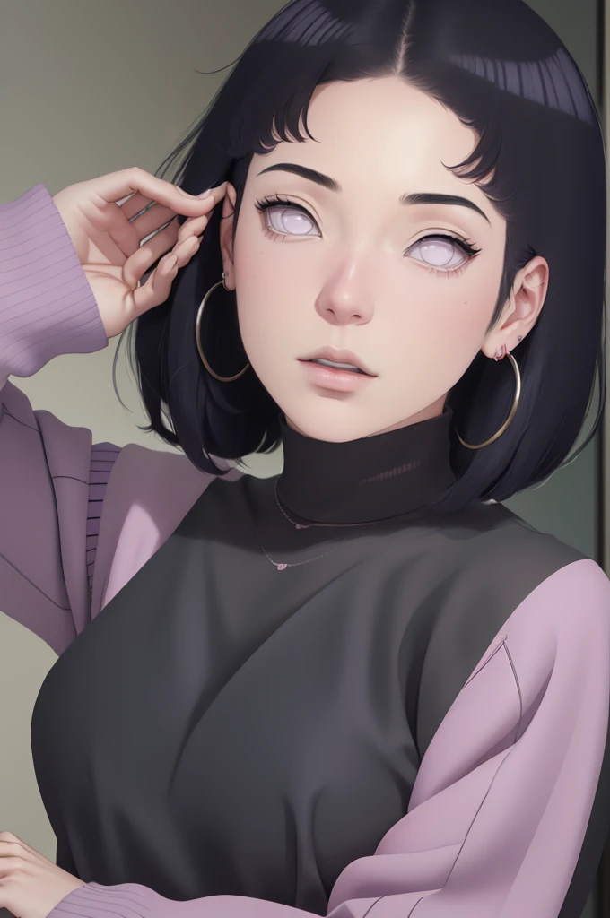 { - anatomy error} (Masterpiece - Ultra-detailed, very high resolution) , absurdos, Hinata\(Boruto\), 1girl, sozinho,Mature female, Capuz roxo,mangas em camadas, jeans, ao ar livre, Cloudy sky, perfect composition, circunstanciado lips, peito grande, beautiful face, body propotion, corar, (pink lips), cabelos pretos curto (black hair), lilac eyes, olhar suave, super realistic, circunstanciado, rosto e corpo realistas, Realistic hair, olhos realistas, nariz realista, realistic lips, with large hoop earrings, anime.
