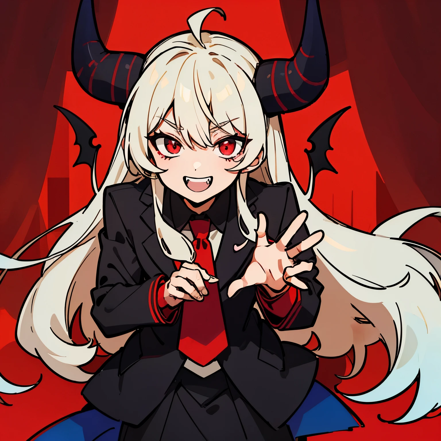 best quality, high-res, male character, helluva boss, vivziepop, YouTube, Blitzø, detailed face, red and black color scheme, sharp focus, professional lighting, vivid colors, evil grin, demon horns, stylish suit, devilish charm, Cartoony