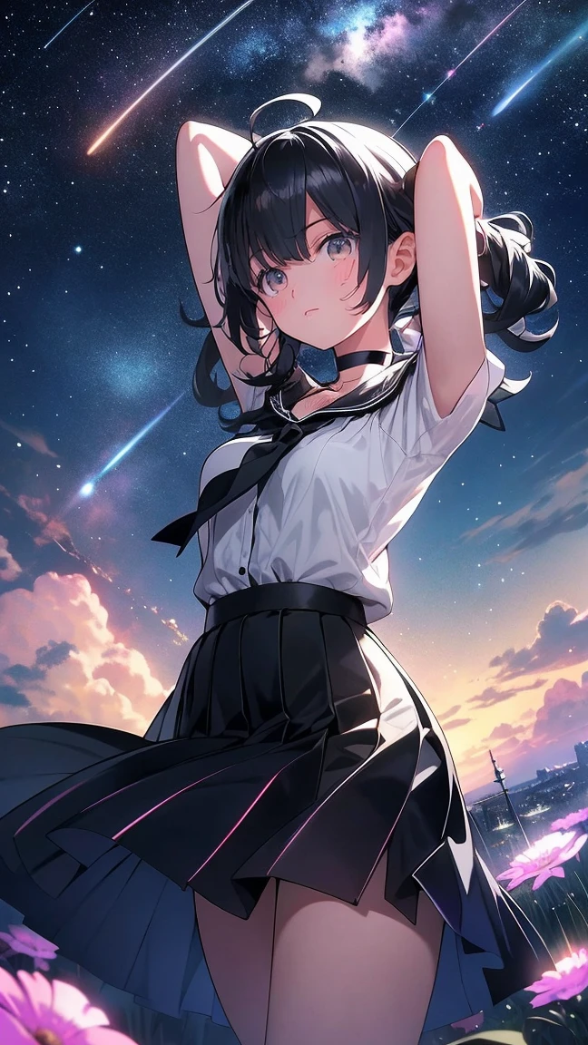 Background is the main、中央にmilky way, ,night,Cat,10歳のgirl,girl１people,meteor,Mass of shooting stars,(best quality, masterpiece:1.2), 3D rendering, High resolution, Images with outstanding details, bright and vibrant colors, beautiful scenery, , beautiful and delicate flowers, elaborate texture, Extremely clear depiction, , dreamy atmosphere, rainbow, multiple exposure effect, dramatic contrast, Mr.々Shading, Vibrant colors, monochrome, 深night,night空,milky way,Star-filled sky,,,,深night,,look up at the sky,stare at the sky, Filled with soft light,shiny skin,disheveled hair,Ahoge,black hair,,目立つAhoge,,flashy cute clothes,,、Every single hair is clearly depicted.,Sounds like fun,Clear to the fingertips,,,choker on neck,The choker has a large bell attached to it.,,
