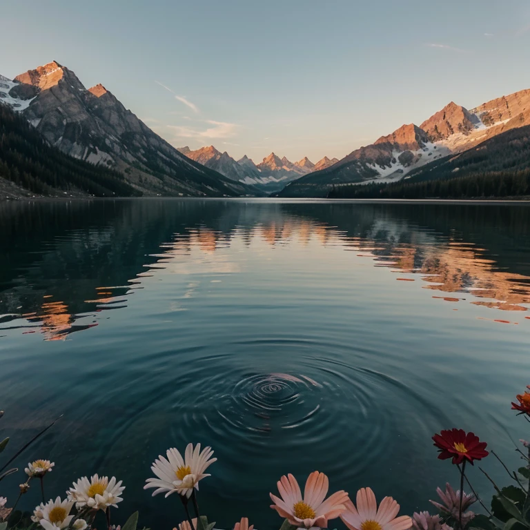 Mountain, lake, sunset, flower