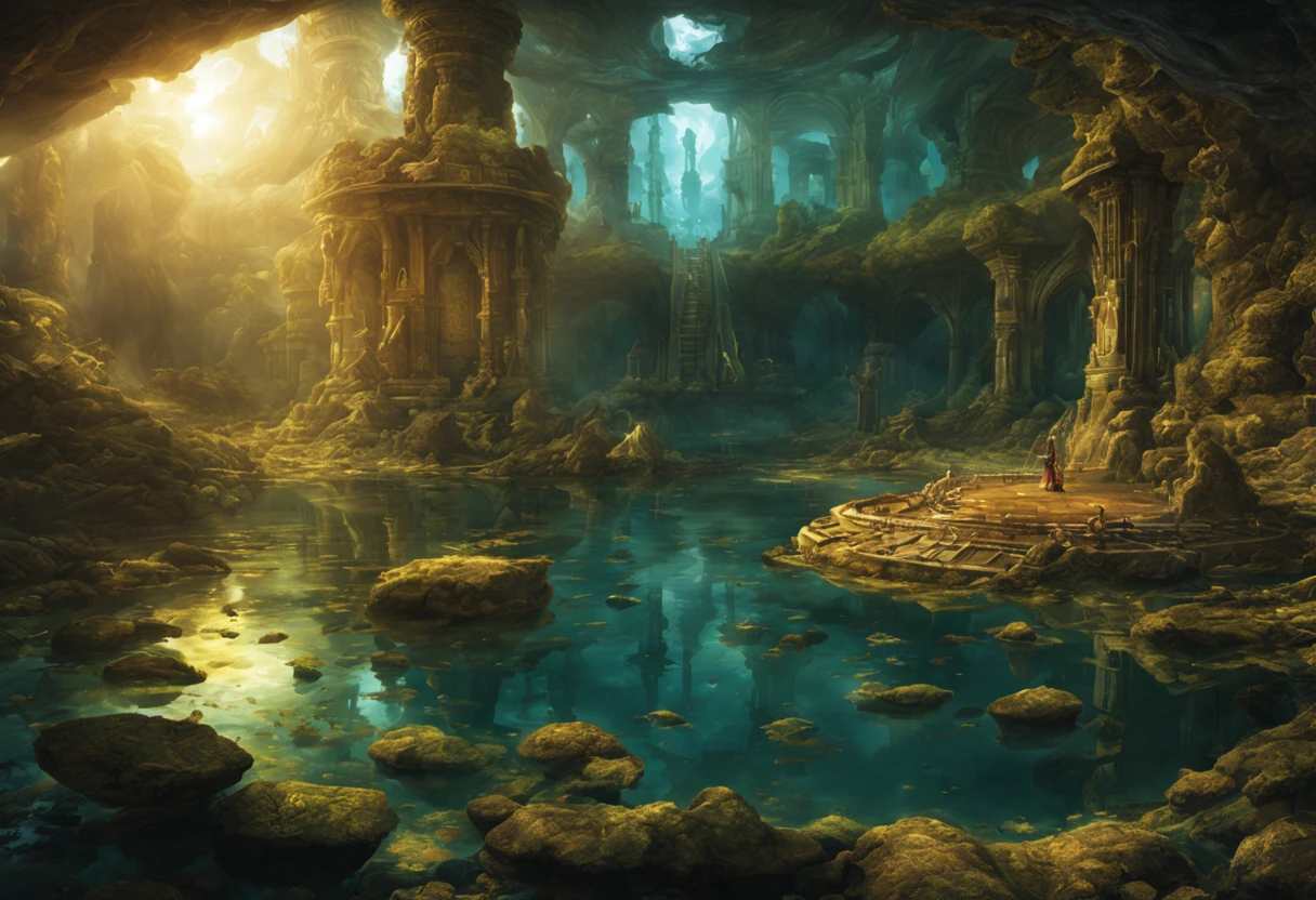 The bottom of a lake where treasures lie, a lake city of ancient legend, science fiction, clear water, high quality images.
