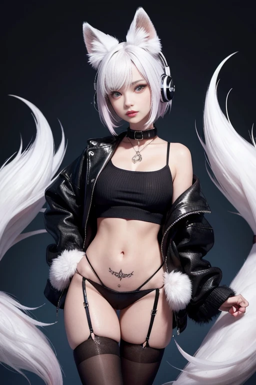 arctic fox, pink eyes,, womb tattoo, short hair, black hair, Sweaters for boys and girls,mad,, hairy, night city, glowing eyes, There is no feeling, long tail, collar, masterpiece, puppet, bat wing, Shy, White headphones, fox tails, top quality, nuclear, slime nuclear, white body, Name Snow, fox tails, black tail, Turn into a fox, Open-top jacket,black stockings,