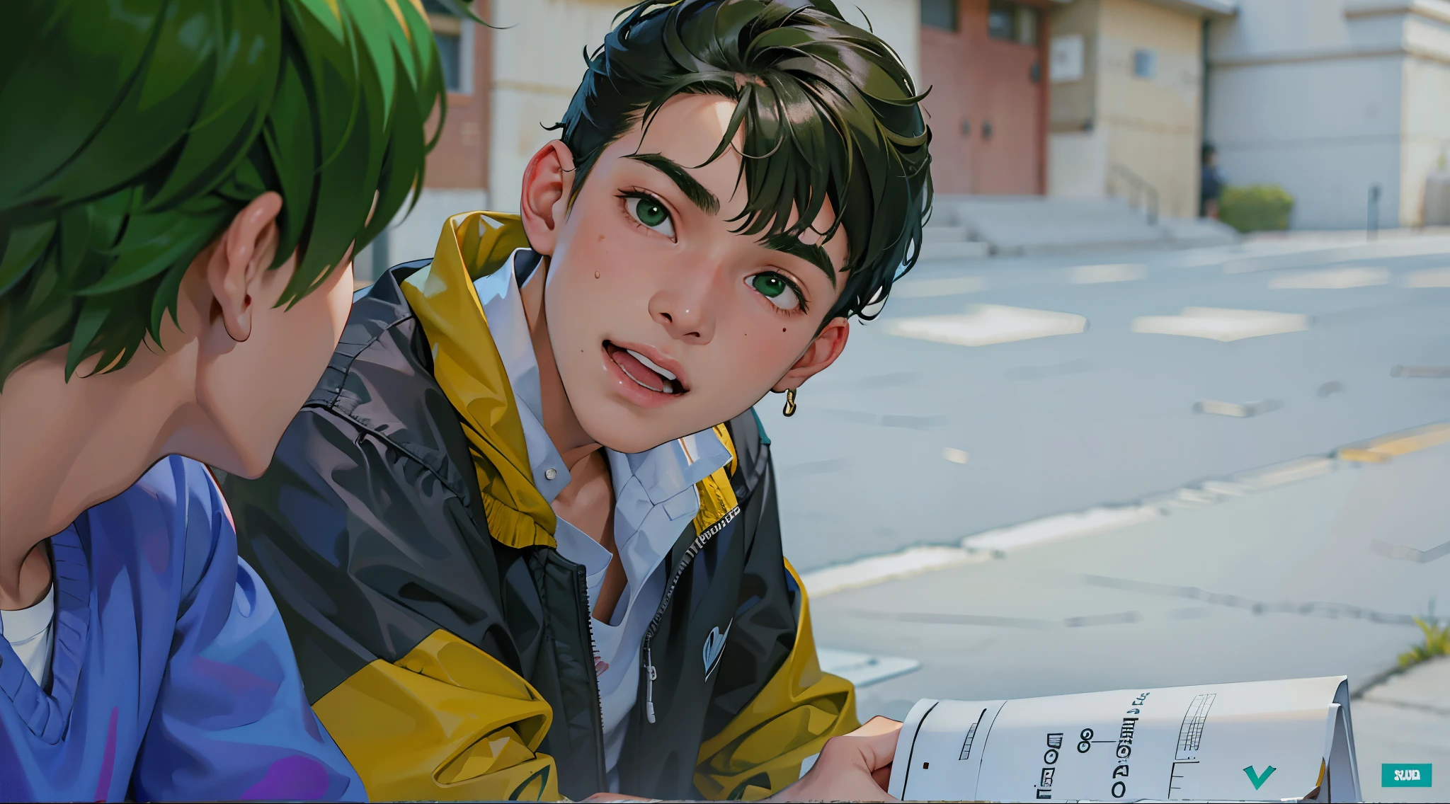 There are two young people sitting next to each other on a bench, They are both 15 years old and in high school., tienen cabello color verde ojos verdes , esta mirando preocupado a alguien que se acerca