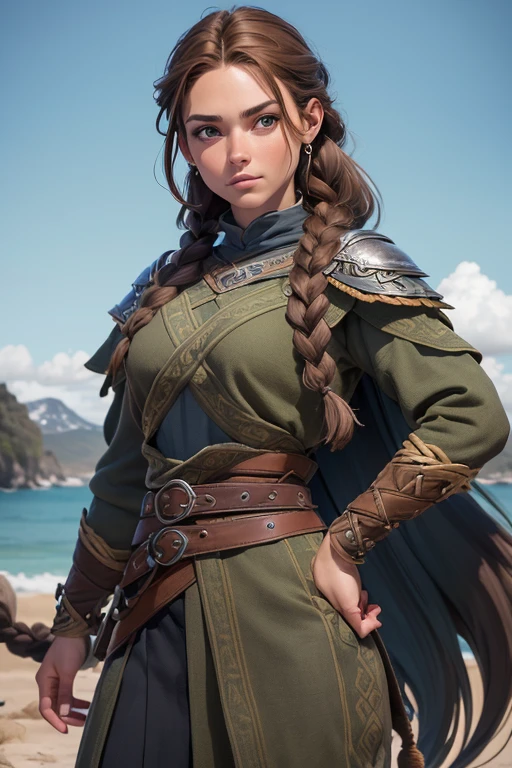 (Obra maestra, La mejor calidad) (young warrior woman of nordic descent), (ojos verdes), (Muscular), (falda de piel), (brown hair color),(loose hair with small braids on the scalp), (top con correa de cuero) plumas, capa sobre el hombro, bufas, (azul, gray and brown suit).
