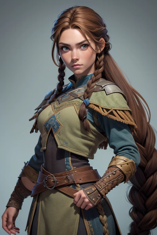 (Obra maestra, La mejor calidad) (young warrior woman of nordic descent), (ojos verdes), (Muscular), (falda de piel), (brown hair color),(loose hair with small braids on the scalp), (top con correa de cuero) plumas, capa sobre el hombro, bufas, (azul, gray and brown suit).