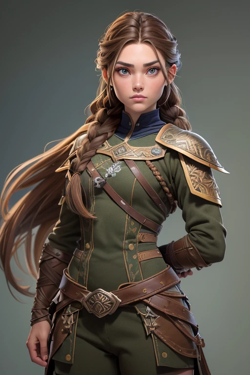 (Obra maestra, La mejor calidad) (young warrior woman of nordic descent), (ojos verdes), (Muscular), (falda de piel), (brown hair color),(loose hair with small braids on the scalp), (top con correa de cuero) plumas, capa sobre el hombro, bufas, (azul, gray and brown suit).